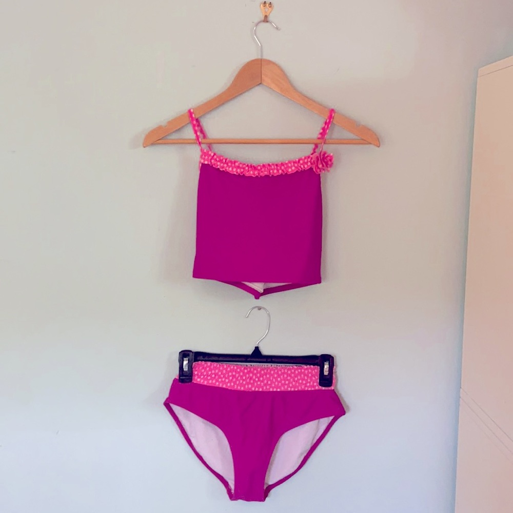 Hanna Andersson kids fuchsia and polka dot tankini